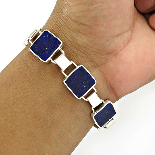 Chain Blue Inlay Bracelet 925 Solid Sterling Silver Handmade Indian Jewelry C1