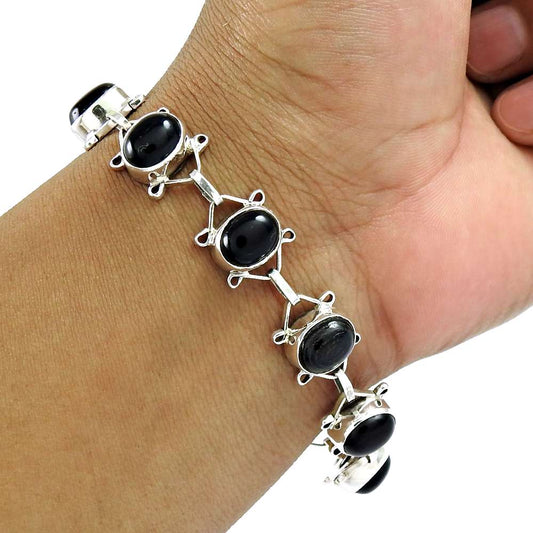 Natural Onyx Gemstone Chain Bracelet 925 Sterling Silver Jewelry For Women D1