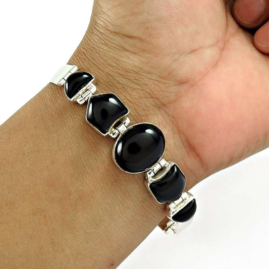 Natural Onyx Gemstone Chain Black Bracelet 925 Sterling Silver Indian Jewelry G1