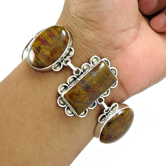 Mothers Day Gift Natural Mexican Fire Agate Chain Bracelet 925 Silver L1