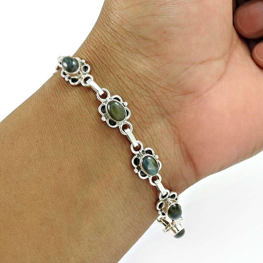 Natural Labradorite Gemstone Chain Boho Bracelet 925 Silver For Girls Q2