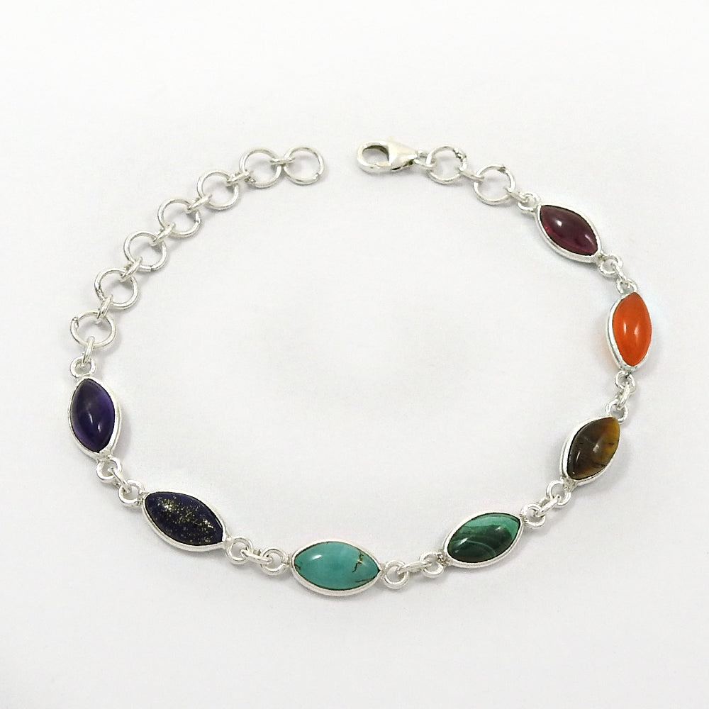101 Healing Chakra Bracelet Natural Multi Gemstone 925 Silver Statement Jewelry