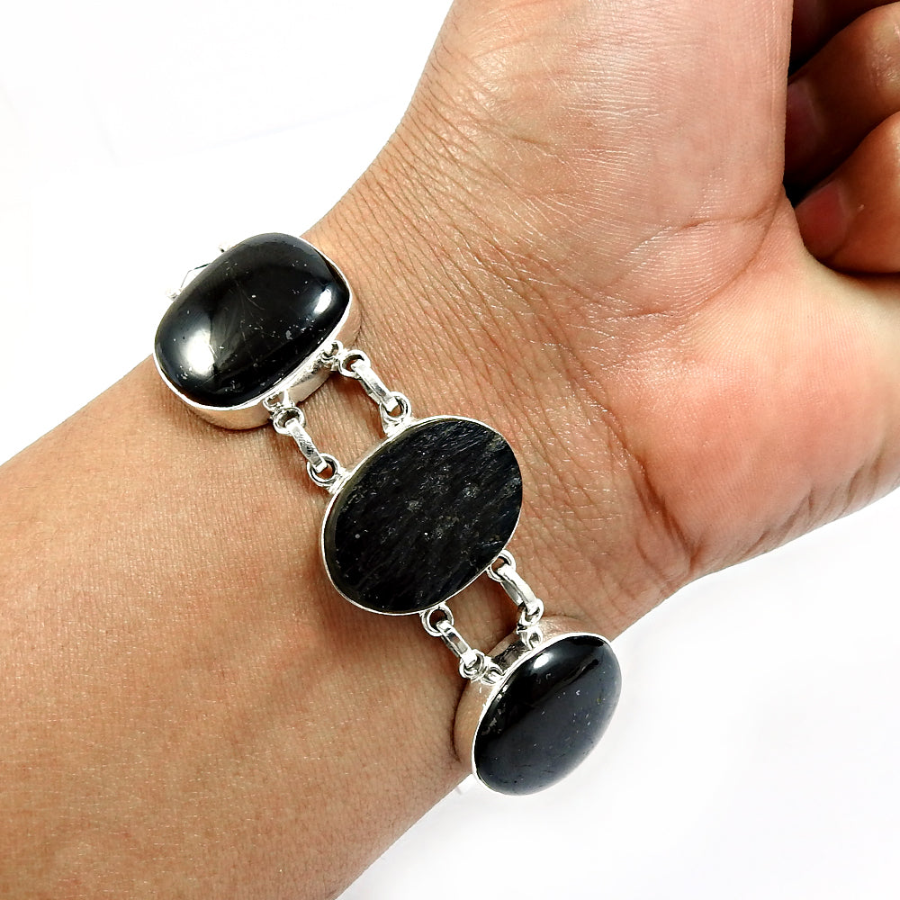 101 Natural Black Tourmaline Healing Bracelet 925 Sterling Silver R5