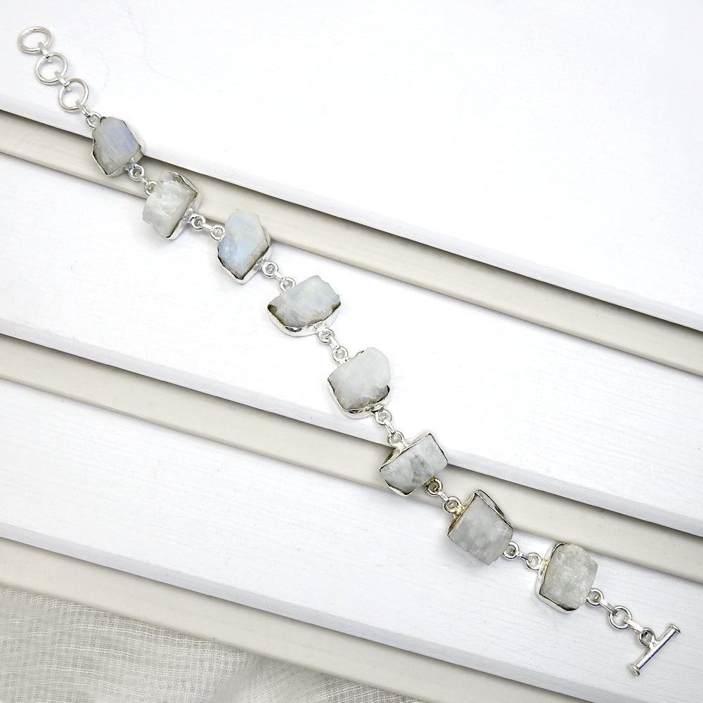 101 Natural Rainbow Moonstone 925 Sterling Silver Bezel Bracelet Rough Stone Jewelry