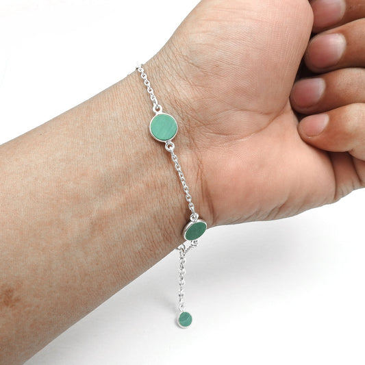 Round Malachite Gemstone Solid Sterling Silver Engagement Bezel Chain Bracelet