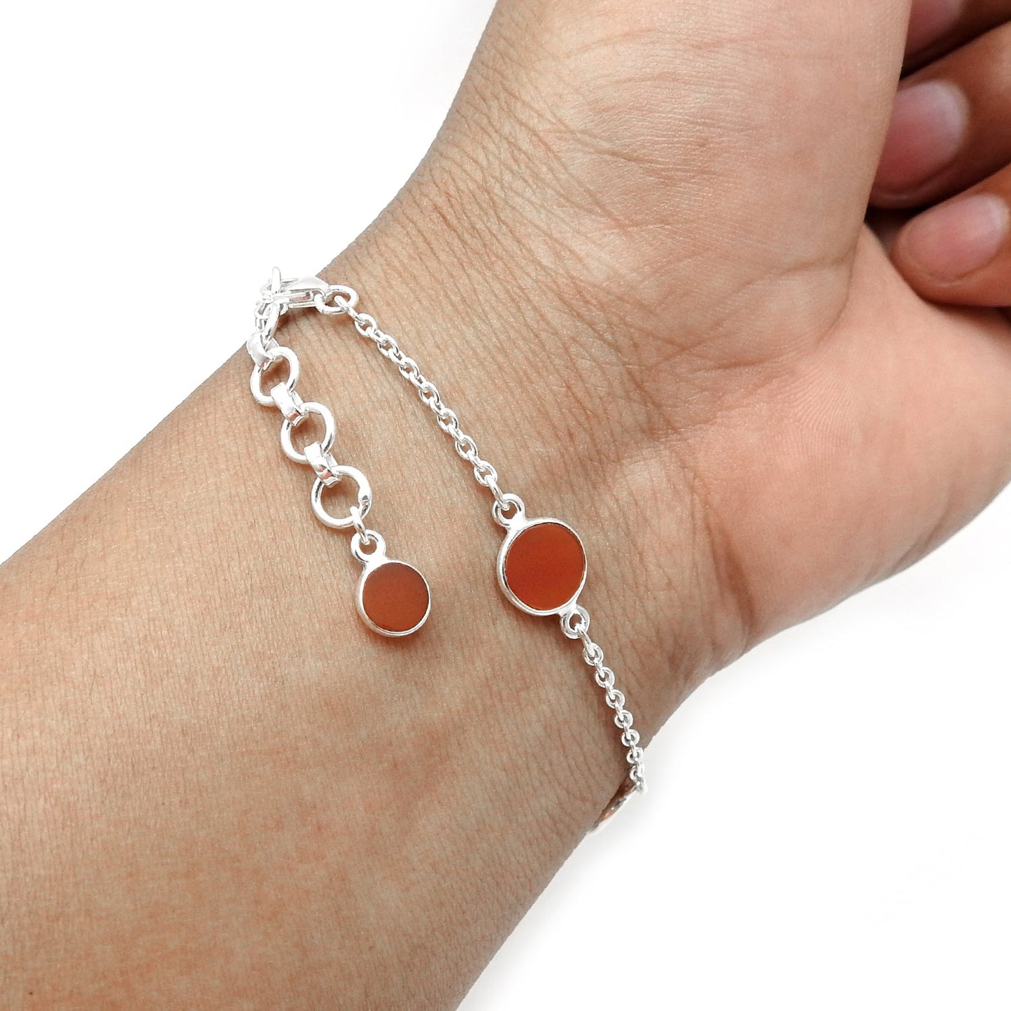 Round Carnelian Gemstone Solid Silver Daughter Bezel Boho Chain Wedding Bracelet