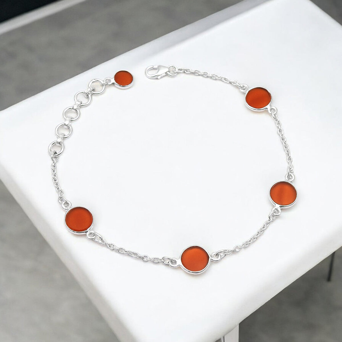 101 Round Carnelian Gemstone Solid Silver Daughter Bezel Boho Chain Wedding Bracelet