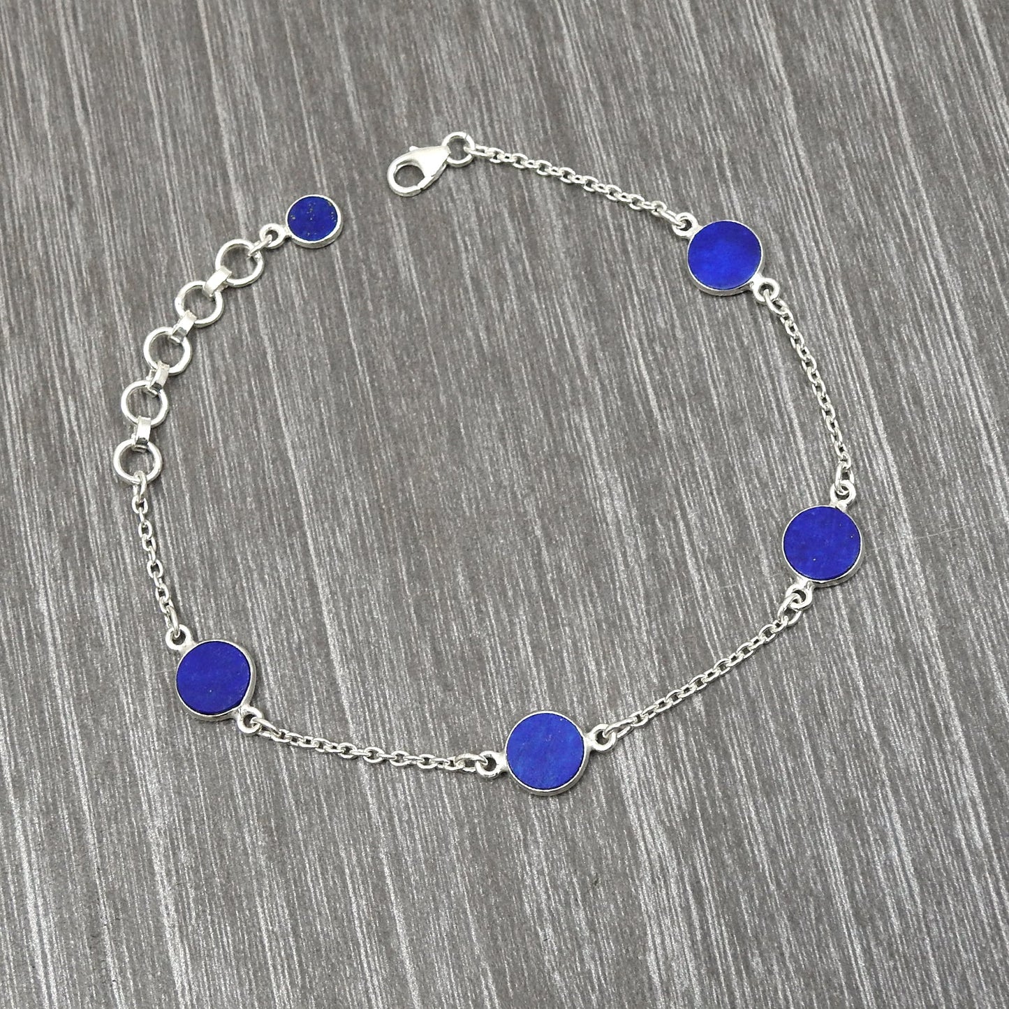 Round Lapis Lazuli Gemstone Sterling Silver September Chain New Bracelet Jewelry