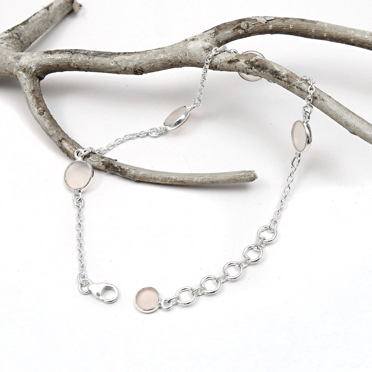 Round Rose Quartz Gemstone Solid Silver Bezel Chain Birthday Trendy New Bracelet