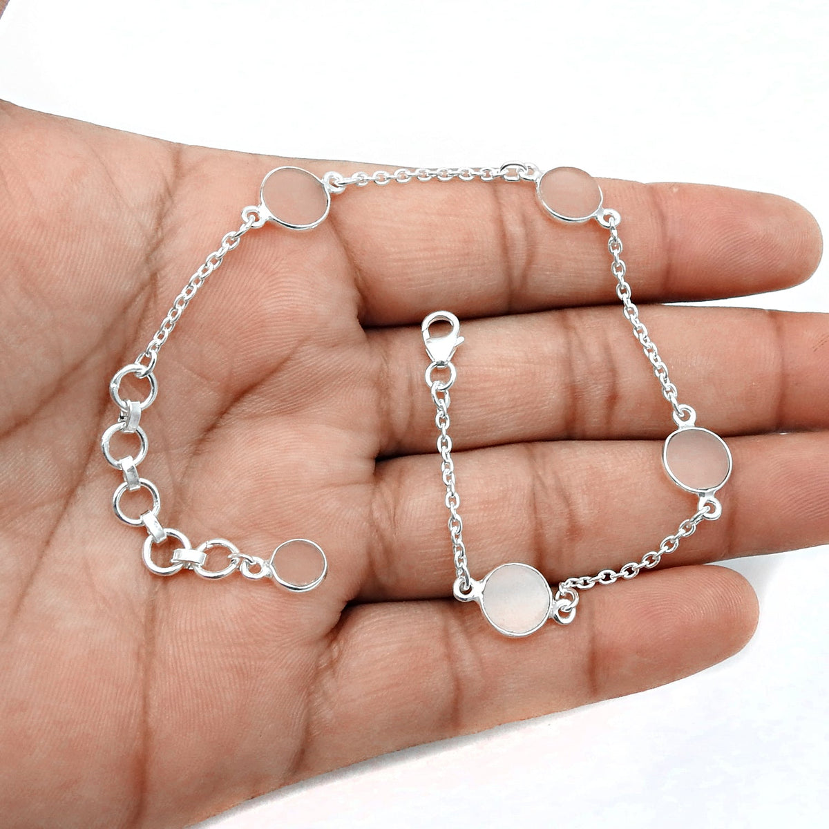 101 Round Rose Quartz Gemstone Solid Silver Bezel Chain Birthday Trendy New Bracelet