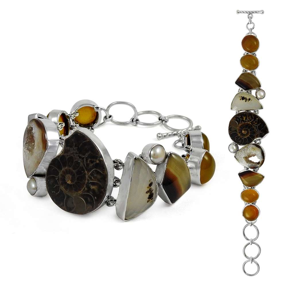 Natural Ammonite Gemstone 925 Sterling Silver Mothers Day Gift Bracelet I2