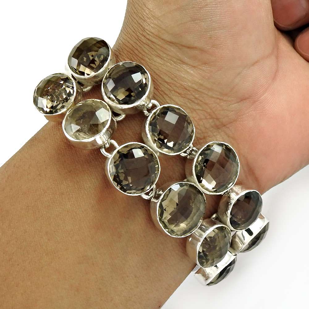 Mothers Day Gift Chain Flower Bracelet 925 Silver Natural Smoky Quartz Gemstone O2