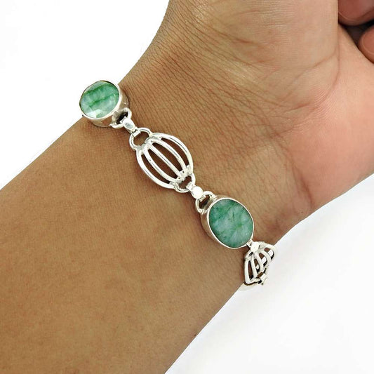 Natural Emerald Gemstone Bracelet 925 Sterling Silver Mothers Day Gift Jewelry N2