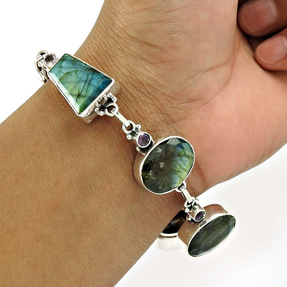 Natural Labradorite Gemstone Boho Mothers Day Gift Bracelet 925 Sterling Silver Q2