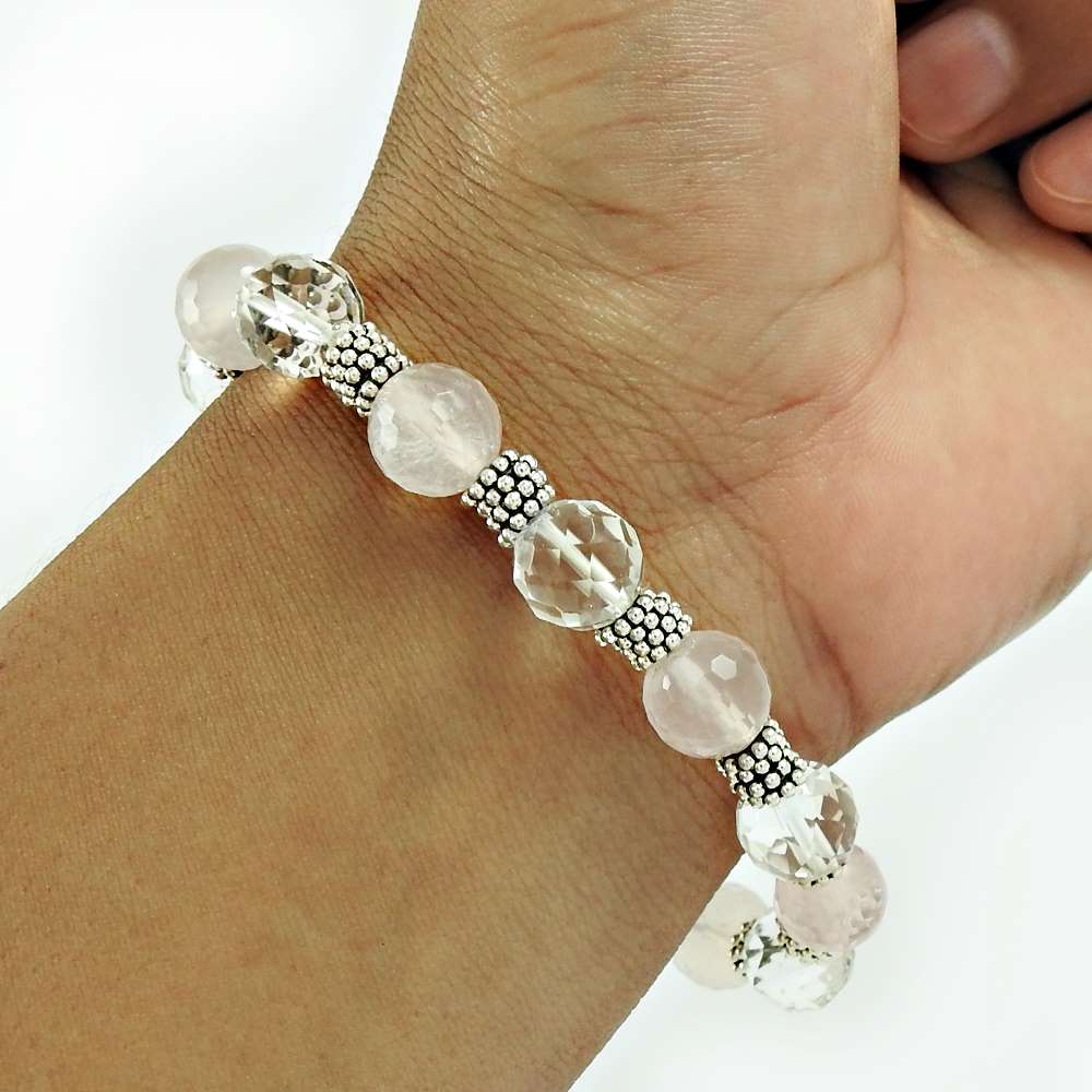 Natural Rose Quartz Gemstone Chain Bracelet 925 Sterling Silver For Women B3