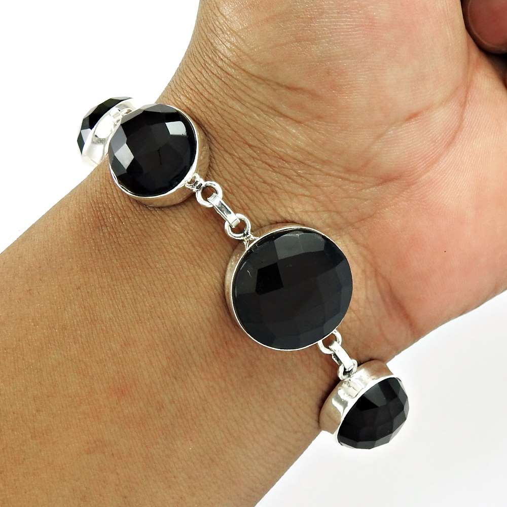 Natural Onyx Gemstone Chain Bracelet 925 Sterling Silver Jewelry For Women E3