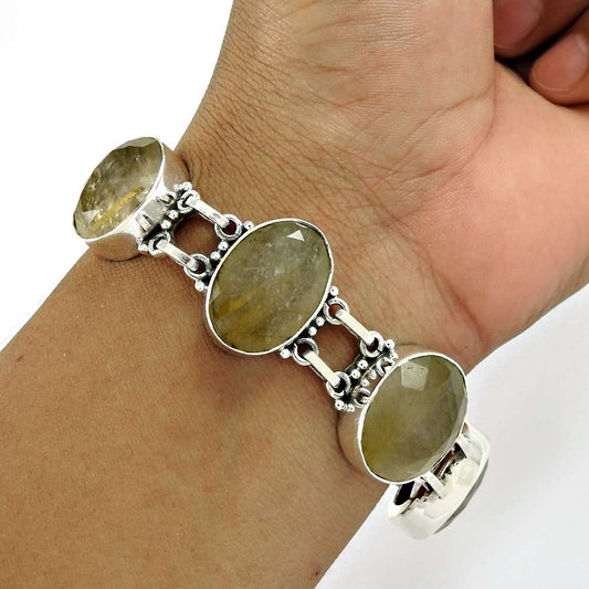 Natural Golden Rutile Gemstone Bohemian Mothers Day Gift Bracelet 925 Silver Y2