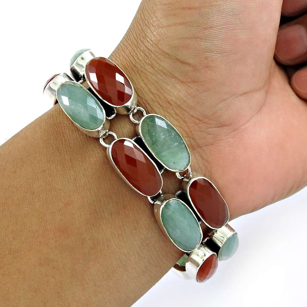 Mothers Day Gift 925 Sterling Silver Natural Emerald Gemstone Boho Bracelet Z2