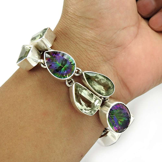 Natural Mystic Topaz Green Amethyst Gemstone 925 Sterling Silver Chain Bracelet