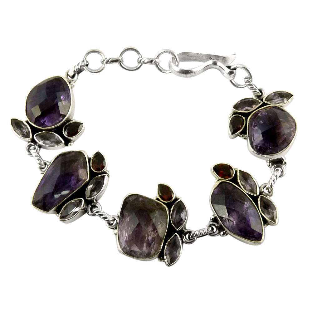 Natural Amethyst Gemstone Chain Bracelet 925 Sterling Silver For Girls O3