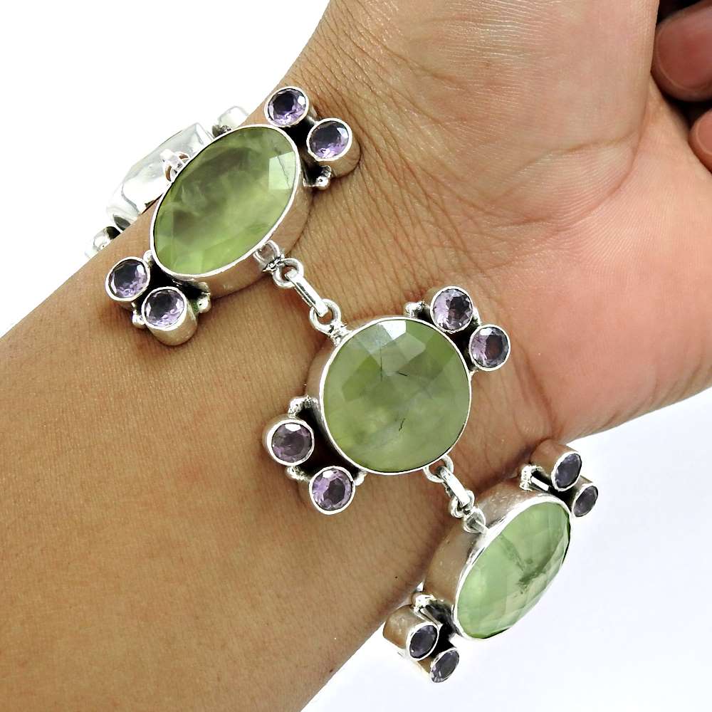 Natural Prehnite Gemstone Chain Bracelet 925 Sterling Silver Indian Jewelry V3