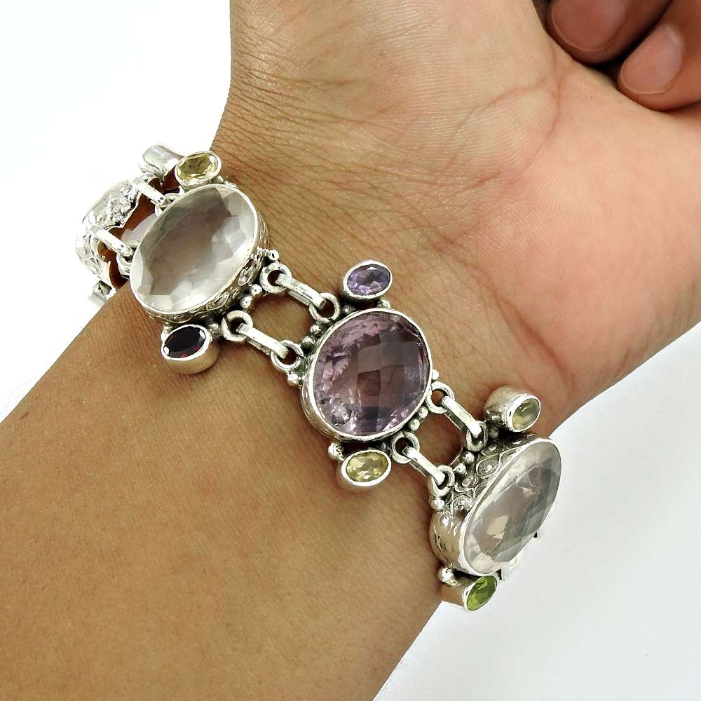 Natural Amethyst Gemstone Chain Boho Bracelet 925 Sterling Silver Jewelry W3