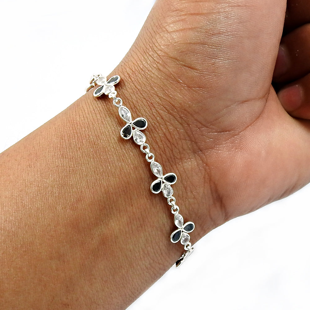 101 Natural Cubic Zirconia Gemstone Chain Ethnic Bracelet 925 Silver For Women H3
