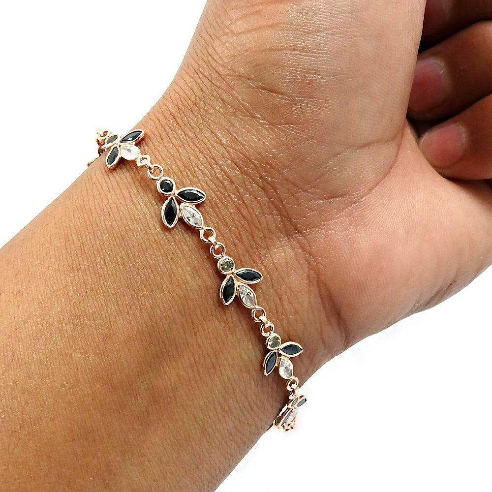 101 925 Silver Natural Cubic Zirconia Chain Rose Gold Plated Statement Bracelet