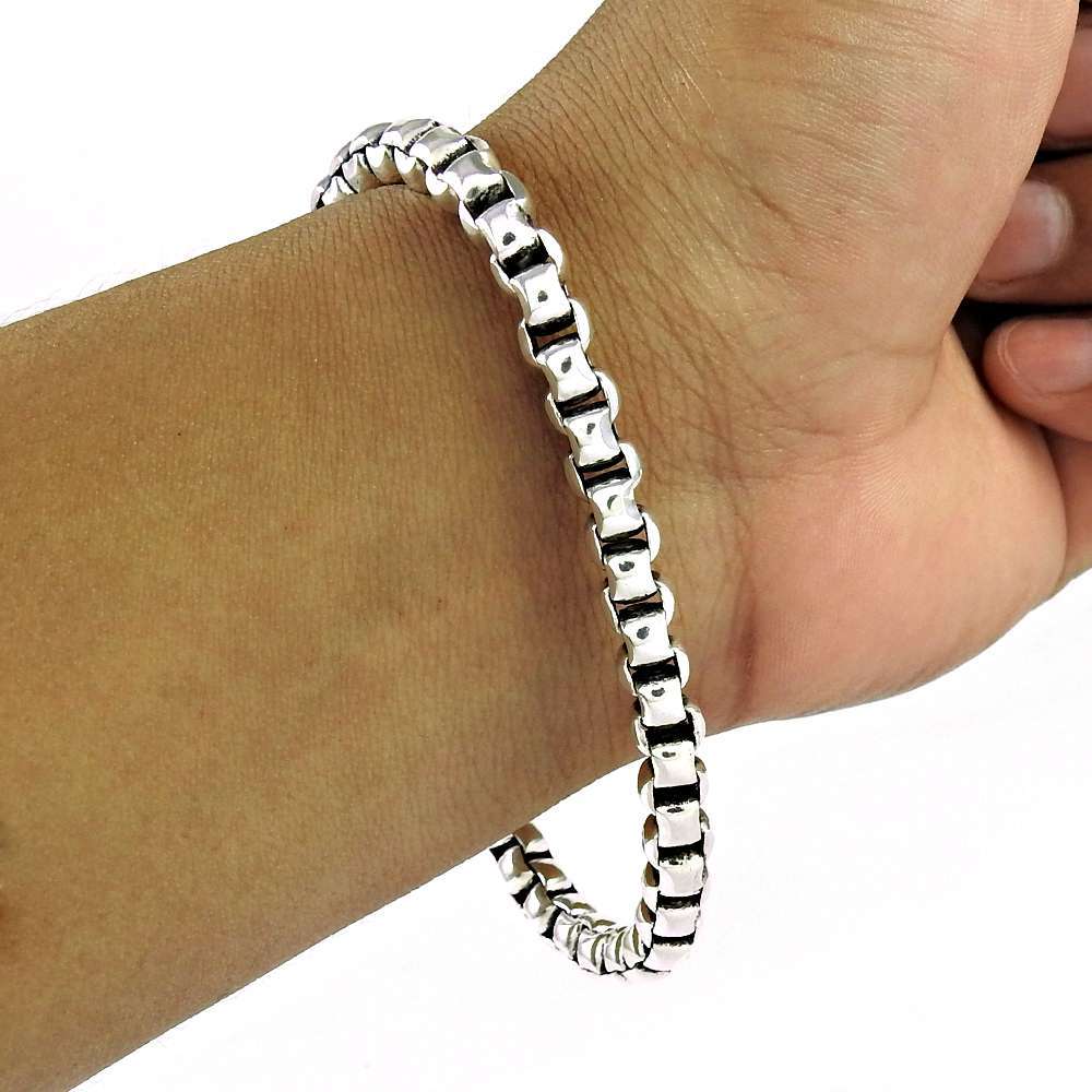 Indian Artisan Jewelry 925 Solid Sterling Silver Chain Bracelet F11