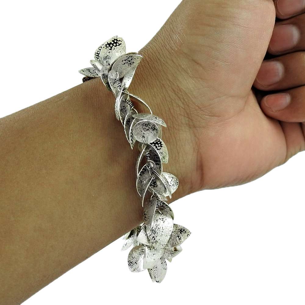 101 Solid 925 Sterling Silver Hammered Leaves Trendy Bracelet