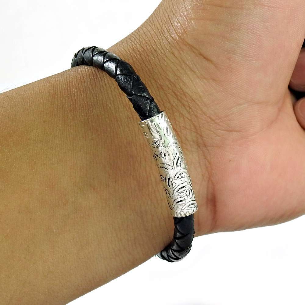 Handmade Indian Jewelry 925 Solid Sterling Silver Leather Bracelet B4