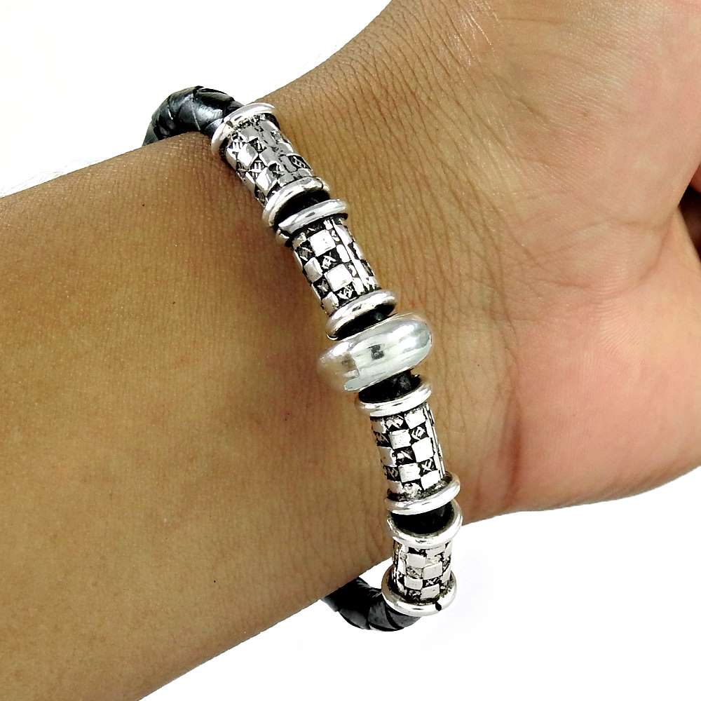 925 Sterling Silver Handcrafted Jewelry Leather Bracelet A12