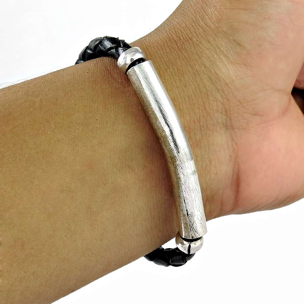 Indian Artisan Jewelry 925 Solid Sterling Silver Leather Bracelet D15