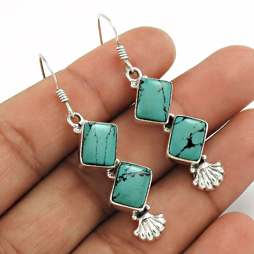 Gift For Her Natural Turquoise Drop/Dangle Vintage Earrings 925 Silver L7