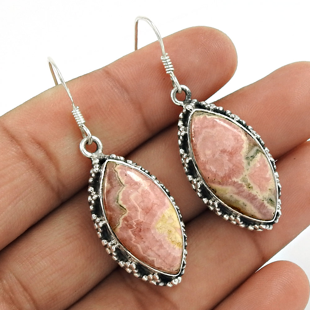 Natural Rhodochrosite Gemstone Drop/Dangle Boho Earrings 925 Silver For Girls Z7