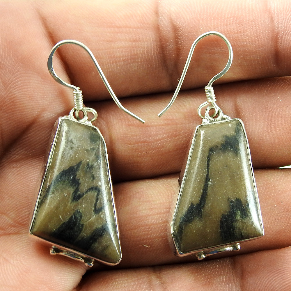 Gift For Women Drop/Dangle Ethnic Earrings 925 Silver Natural Brush Agate B8