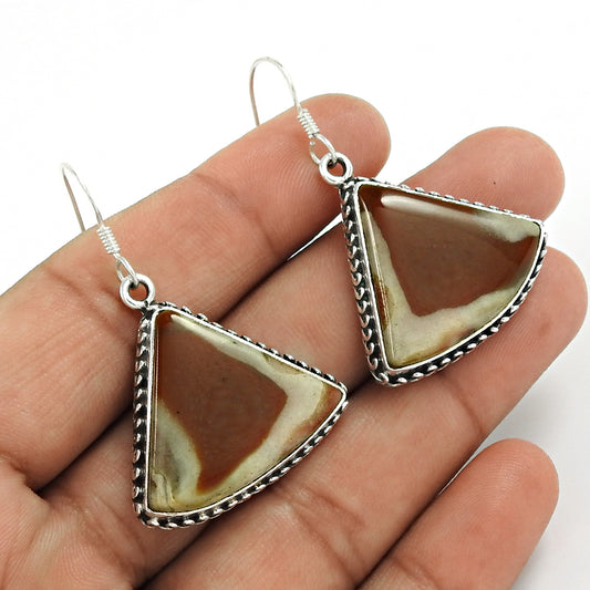 Natural Imperial Jasper Drop/Dangle Bohemian Brown Earrings 925 Silver F8