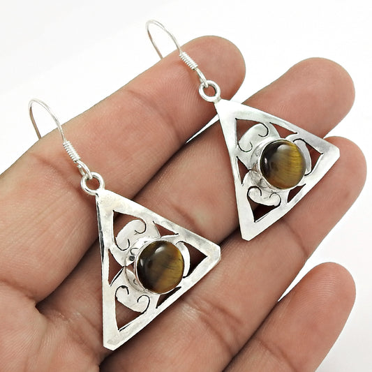 Natural Tiger'S Eye Gemstone Drop/Dangle Ethnic Earrings 925 Sterling Silver P8