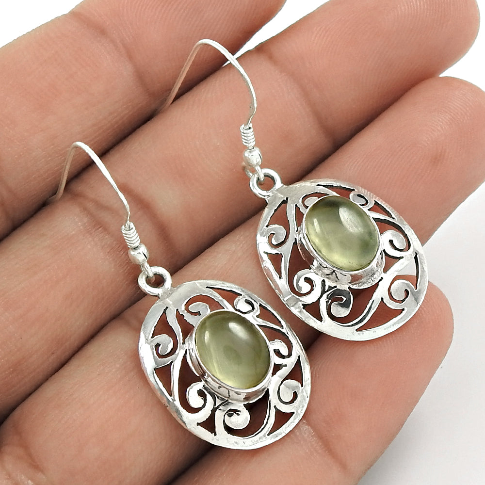 Natural Prehnite Gemstone Drop/Dangle Tribal Light Green Earrings 925 Silver A5