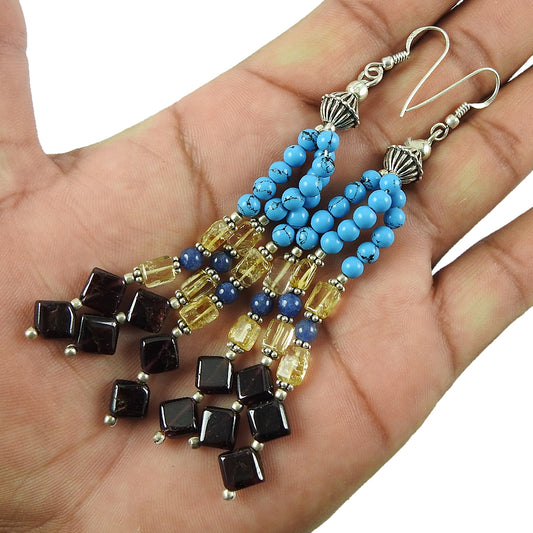 Natural Gemstone Drop/Dangle Tribal Turquoise Earrings 925 Sterling Silver S8