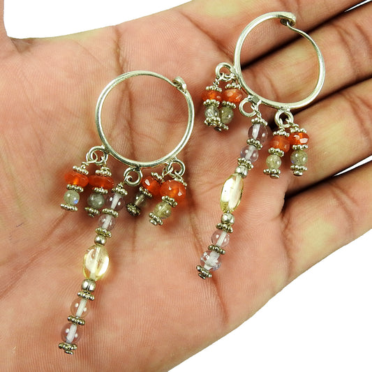 Natural Carnelian Gemstone Boho Earrings 925 Sterling Silver A1