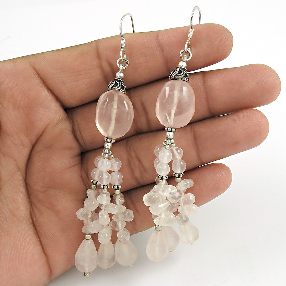 Gift For Women Drop/Dangle Bohemian Earrings 925 Silver Natural Rose Quartz W8