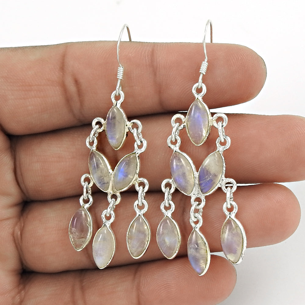 Gift For Her Natural Rainbow Moonstone Drop/Dangle Tribal Earrings 925 Silver A9