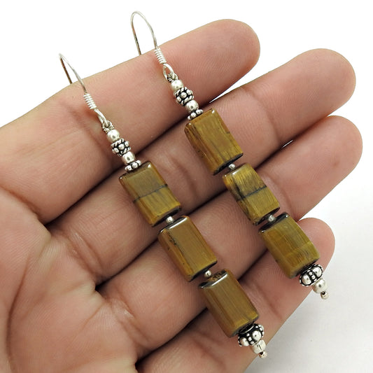 Gift For Her 925 Silver Natural Tiger'S Eye Drop/Dangle Vintage Earrings F9