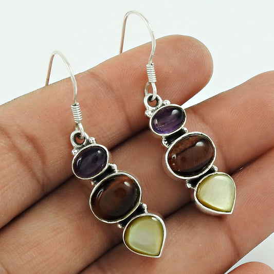 Gift For Her 925 Silver Natural Tiger'S Eye Drop/Dangle Vintage Earrings Z9