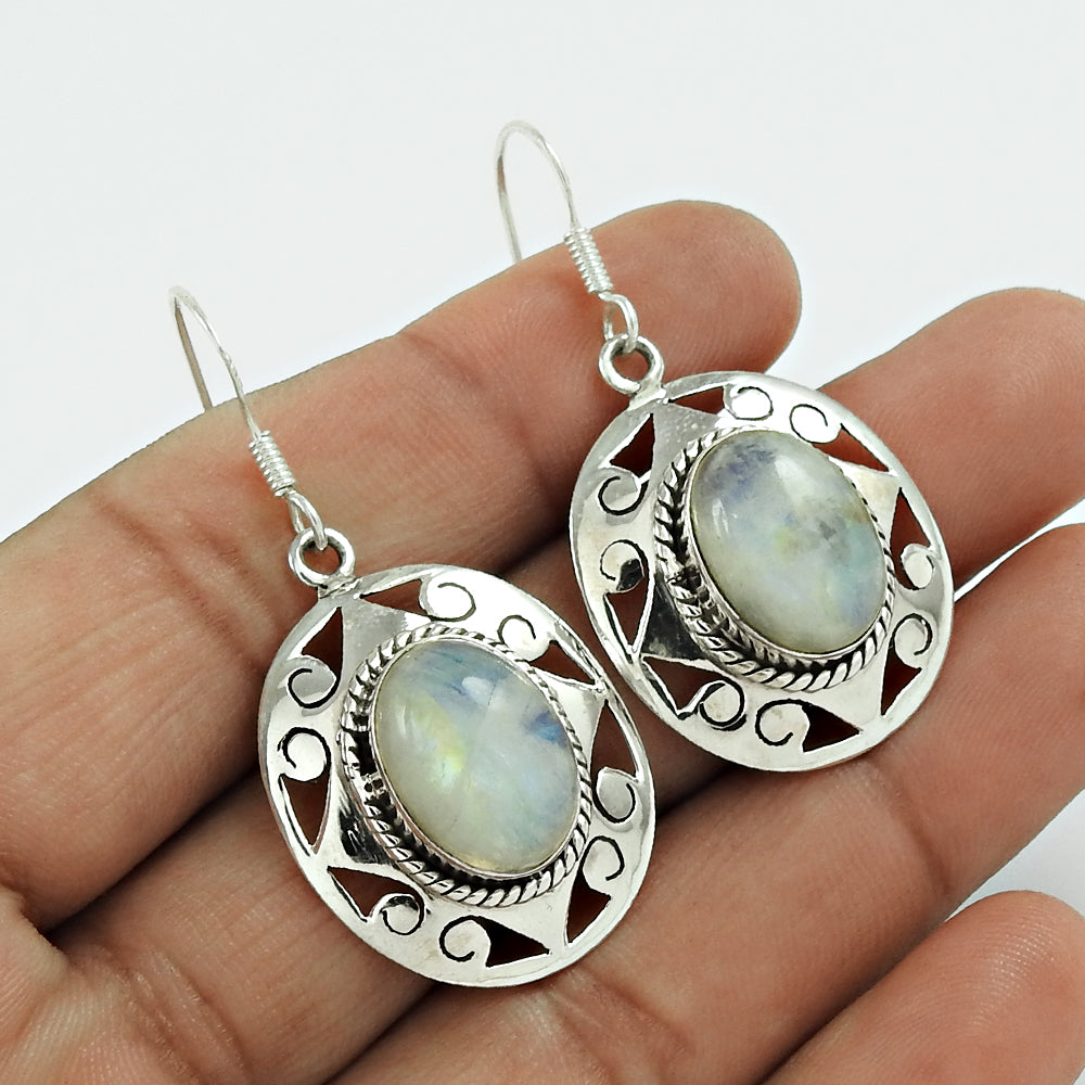 Natural Rainbow Moonstone Gemstone 925 Silver Drop/Dangle Earrings For Women G1