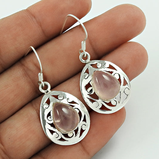 Gift For Her 925 Silver Natural Rose Quartz Drop/Dangle Boho Earrings B10