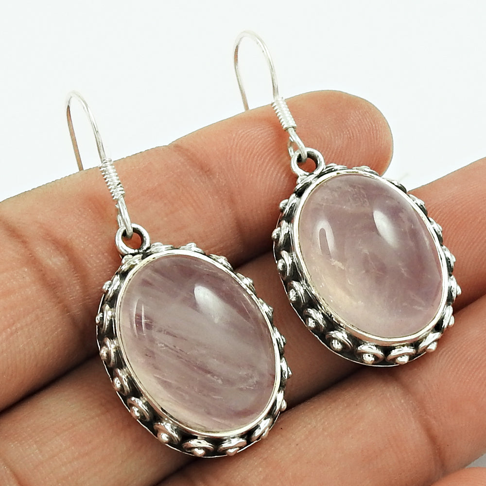 Natural Rose Quartz Drop/Dangle Bohemian Earrings 925 Silver For Women H1