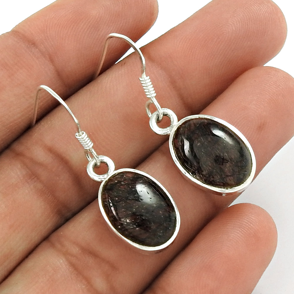 Gift For Women Drop/Dangle Tribal Earrings 925 Silver Natural Black Rutile G10