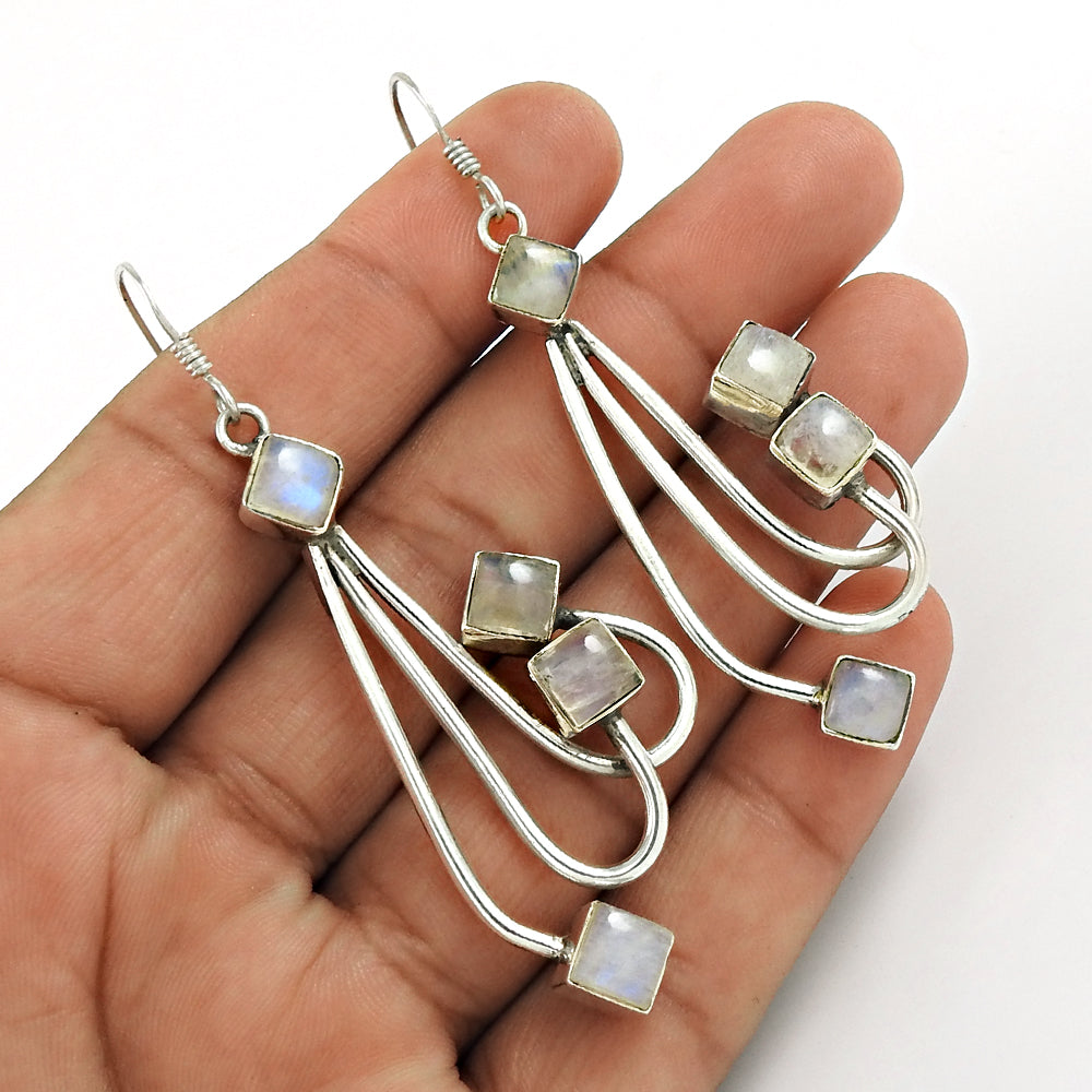 Natural Rainbow Moonstone 925 Sterling Silver Earrings Mothers Day Gift B2